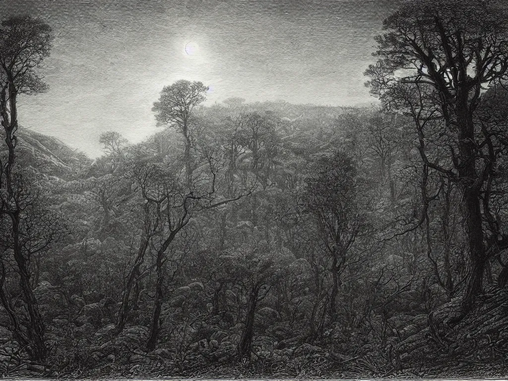 Prompt: an engraving of a forest at night, wistman ’ s wood by gustave dore, john blanche, ian miller, highly detailed, strong shadows