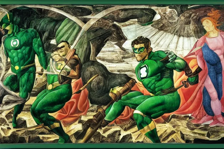 Image similar to multicolor sketch of green lantern creating a giant hammer by sandro botticelli in 4 k ultra high resolution, with inspiring feeling