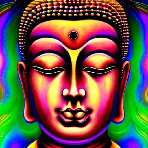 Image similar to An extremely psychedelic portrait of Buddha, surreal, LSD, face, detailed, intricate, elegant, lithe, highly detailed, digital painting, artstation, concept art, smooth, sharp focus, illustration