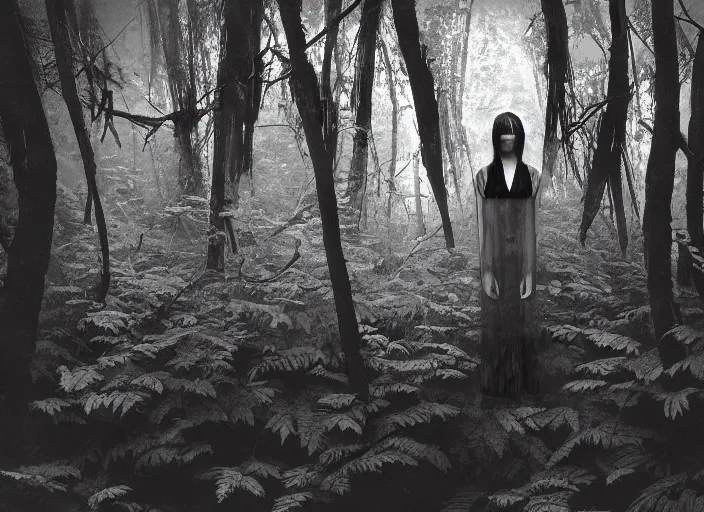 Prompt: a female model with long black hair, standing in a dense misty forest of fern leaves wearing camouflage by yohji yamamoto, in the style of daido moriyama, double exposure, photography, camera obscura, black and white, sumi - e, superr 8 mm film