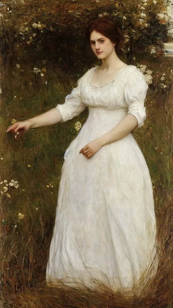 Image similar to portrait of a woman in a white dress, Ophelia , painted by John Everett Millais, full length photo.