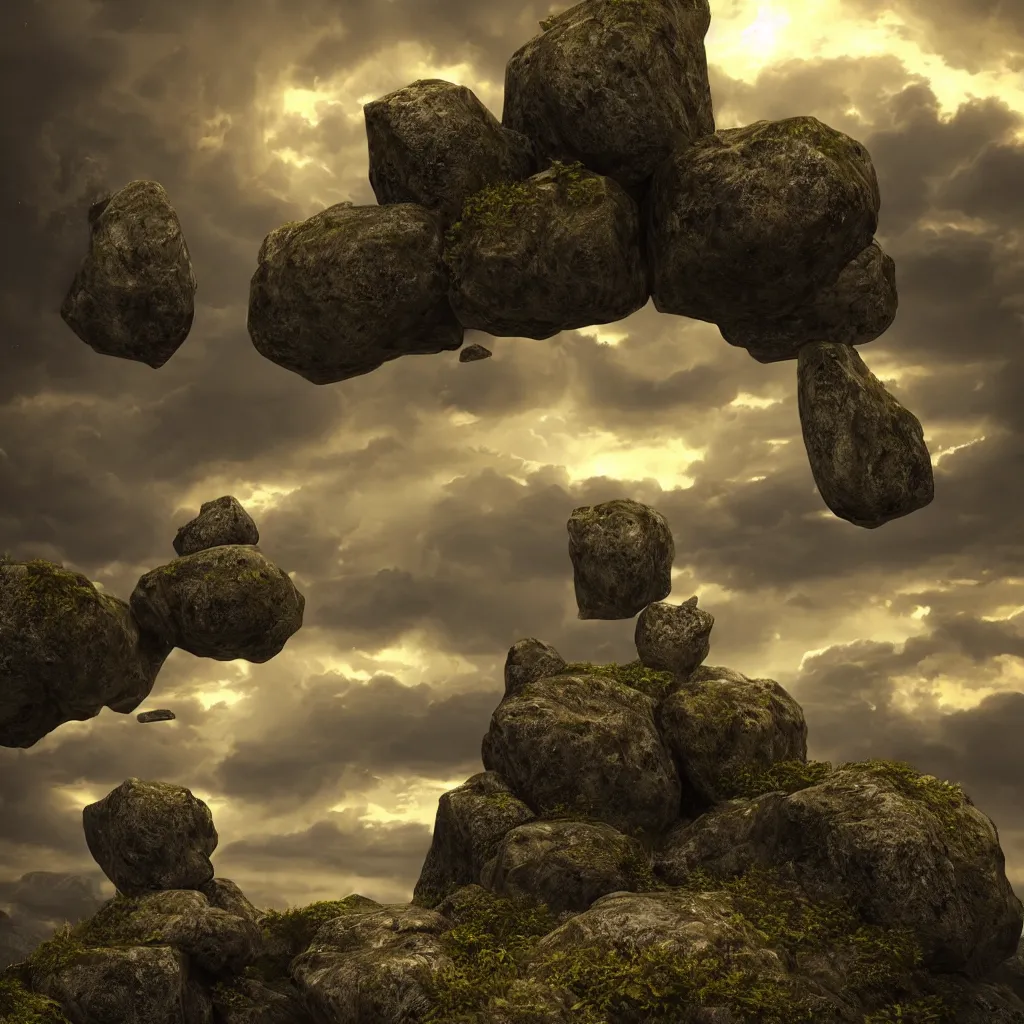 Image similar to Photorealistic epic landscape with magically floating rocks, with ominous storm clouds, strange levitating stones, stones falling from the sky, a gentle rising mist. occult photorealism, UHD, amazing depth, glowing, golden ratio, 3D octane cycle unreal engine 5, volumetric lighting, cinematic lighting, in the style of Michael Whelan and Gustave Dore. Hyperdetailed photorealism, epic scale, misty, 108 megapixels, amazing depth, glowing rich colors, powerful imagery, psychedelic Overtones, concept art