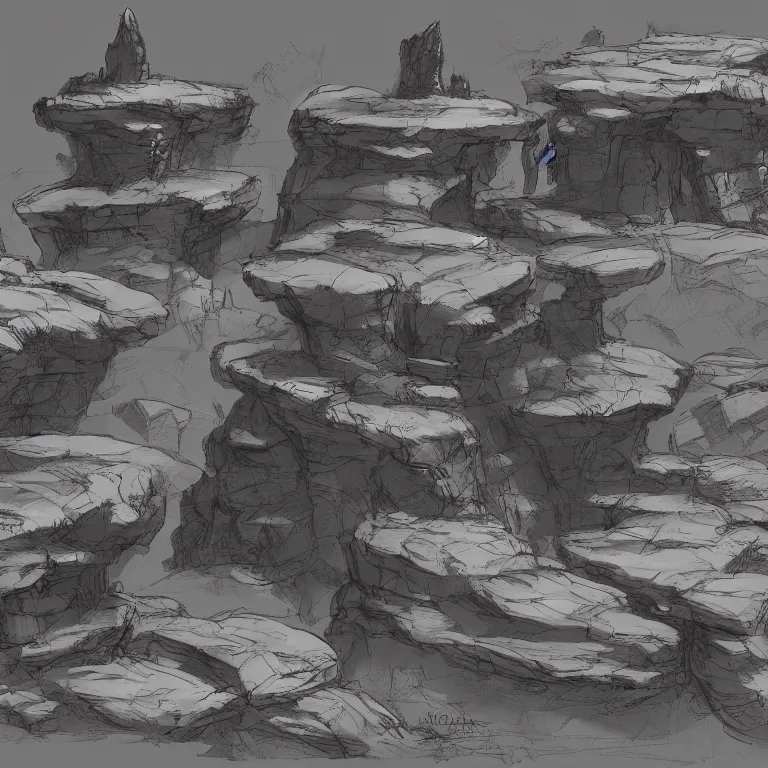 Image similar to canyon rock formations, sketch, concept art by senior environment artist, polycount, environmental art