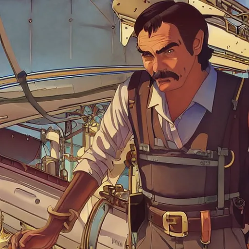 Prompt: burt reynolds as an airship mechanic wearing a tank top and overalls fixing pipes below deck, steampunk, realistic facial features, highly detailed, illustration, Makoto Shinkai and Studio Ghibli animated film still, by Ilya Kuvshinov and Alphonse Mucha