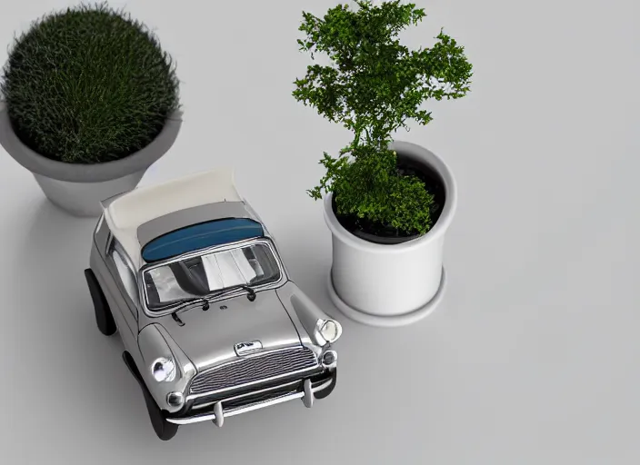 Image similar to a small miniature of a Mini Cooper S 1963 on a white table near a vase with a plant, 3d render, octane render, unreal engine 5, path tracing, serene landscape, calm, relaxing, beautiful landscape, highly detailed, high quality, 4k, symmetrical, low contrast, view from above