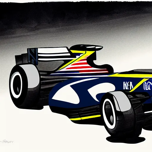 Prompt: illustration of formula one car by kienan lafferty knkl