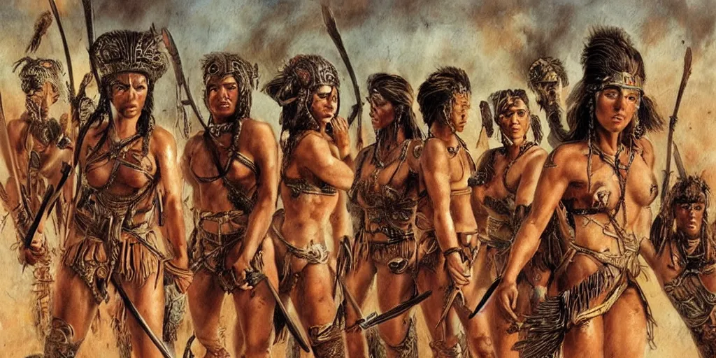 Prompt: movie, ancient Battlefield, beautiful brutal aztec and Amazonian females fight, epic, vintage, blood, slight inspiration of Boris vallejo and apocalypto