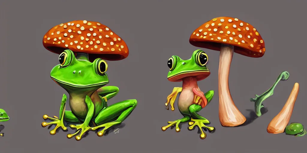 Prompt: game asset of unique frog wearing mushroom hat on black background, organic, in gouache detailed paintings, props, stylized, 2 d sprites, kitbash, 8 k, close up