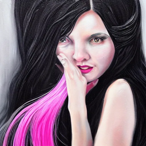 Prompt: a woman with black long hair and pink extensions singing powerfully with her black and white cat, oil painting, high detail, 4k, trending on artstation, devianart, cgsociety