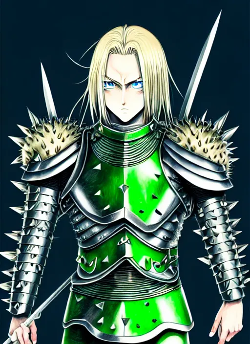 Image similar to a detailed manga full body portrait illustration of a man with long blonde hair and blue eyes wearing evil green spiked armour in a desolate place by hirohiko araki, detailed artwork, realism, 4 k resolution, detailed, high quality, sharp focus, hq artwork, insane detail, volumetric lighting, character concept art, fine details, clear subject, central subject