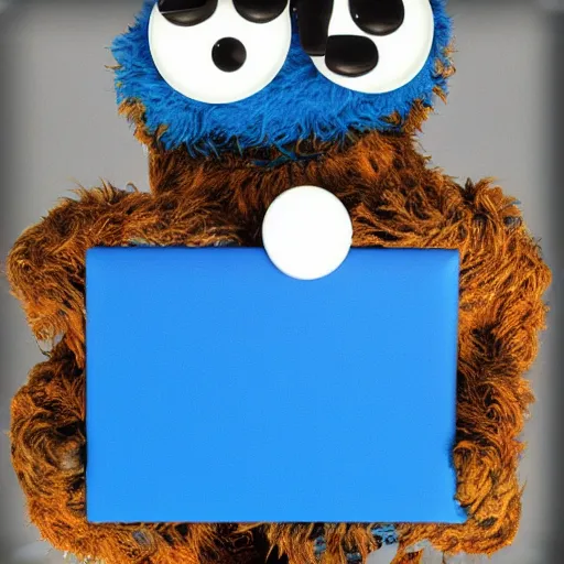 Image similar to cookie monster using a computer in a spaceship