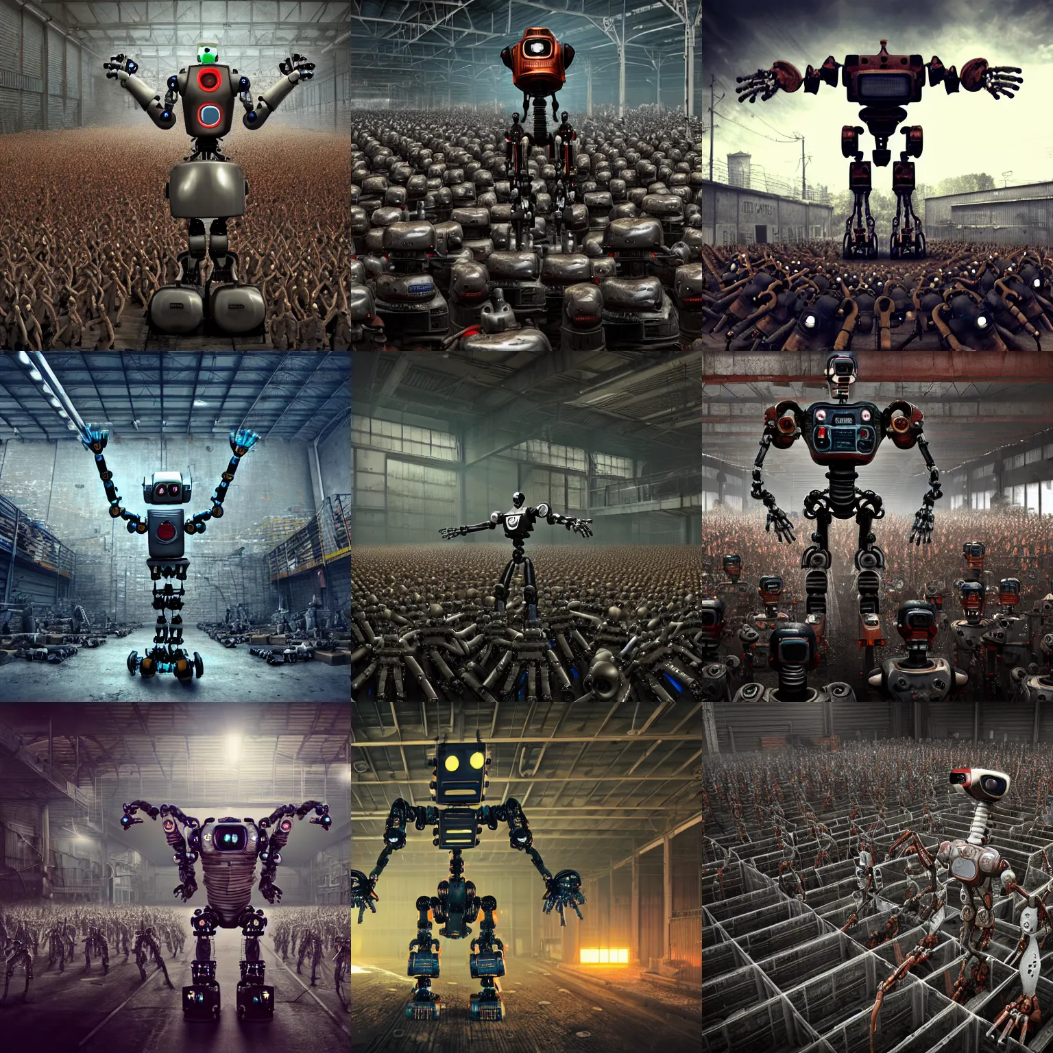 Prompt: a realistic deranged robot with arms held high in triumph, standing in front of hundreds of robots inside a huge rusty dingy warehouse, army of robots, raygun gothic, atomic punk, digital art, detailed octane render, high angle
