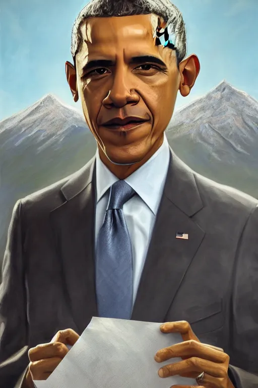 Prompt: obama nervously standing next to a mountain made of papers, oil on canvas, intricate, 8 k highly professionally detailed, hdr, cgsociety