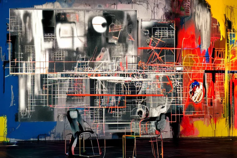 Prompt: neural industrial machines, multilayer glitch effect in spatial perceptron synapses, matte painting, 4 k, epic composition, volumetric light, abstract illusionism, by robert rauschenberg, edvard munch, jean - michel basquiat, pour paint, modern street art, grunge wall