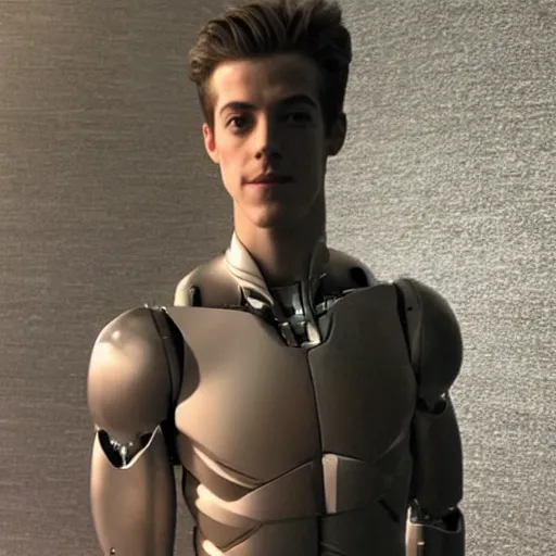 Image similar to “a realistic detailed photo of a guy who is an attractive humanoid who is half robot and half humanoid, who is a male android, actor Grant Gustin, shiny skin, posing like a statue, blank stare, at the museum, on display”