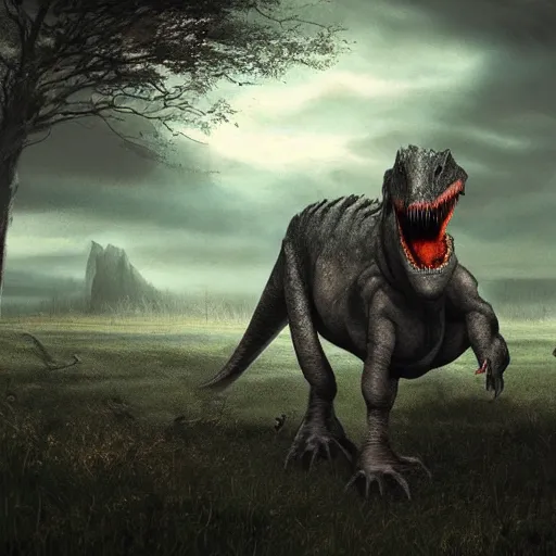 Image similar to Majestic dinosaur striding through field, eerie, lovecraftian, moody, concept art, cinematic