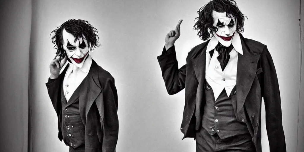 Image similar to joker wearing clothes in the style of directoire style, photograph, grinning, creepy,