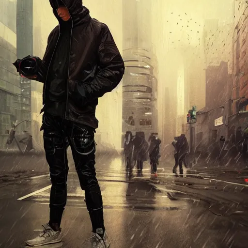 Image similar to toast, rain, techwear, streetwear, cyberpunk style outfit, greg rutkowski, artgerm, ross tran, takato yomamoto, wlop, ilya kuvshinov, intricate complexity, detailed portrait, 4 k, cinematic lighting, artstation, sharp focus, smooth, makoto shinkai