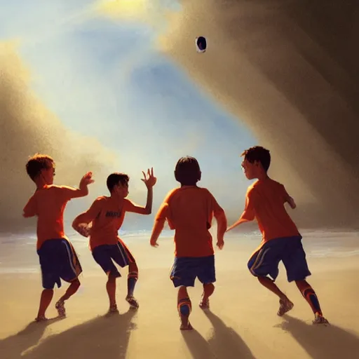 Prompt: four boys playing soccer at a beach, raining, hyper detailed, digital art, trending in artstation, cinematic lighting, studio quality, smooth render, octane rendered, concept art, sharp focus, illustration, art by artgerm and greg rutkowski and wlop