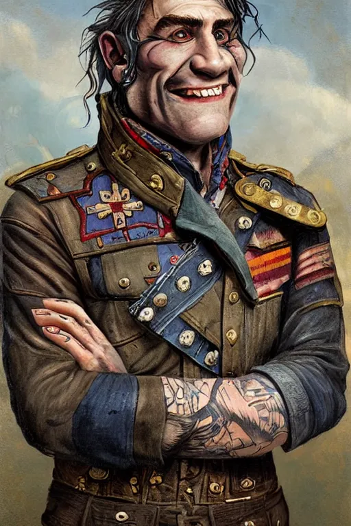 Image similar to nineteenth century style portrait of a middle aged half orc with a bemused smile on his face. dressed in a patchwork military uniform jacket with cut sleeves, runic arm tattoos, sharp focus, illustration, digital painting, art by magali villeneuve