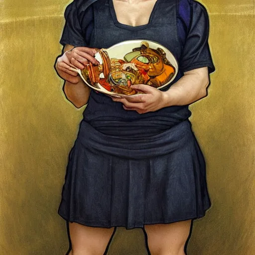 Image similar to epic portrait an muscular waitress wearing short sleeved uniform and carrying food, goddess, detailed, centered, digital painting, artstation, concept art, donato giancola, Dante Gabriel Rossetti, alphonse mucha, Joseph Christian Leyendecker, WLOP, Boris Vallejo, Annie Leibovitz and Steve McCurry, David Lazar, Jimmy Nelsson, Breathtaking, 8k resolution, extremely detailed, beautiful, establishing shot, artistic, hyperrealistic, beautiful face, octane render