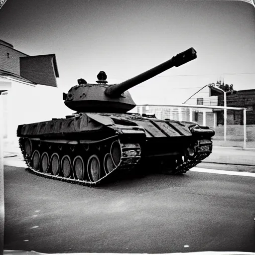 Prompt: cctv footage of a t - 9 0 tank driving past a suburban neighbhoorhood, realistic, highly detailed, black and white, at night, taken on a security cctv camera.