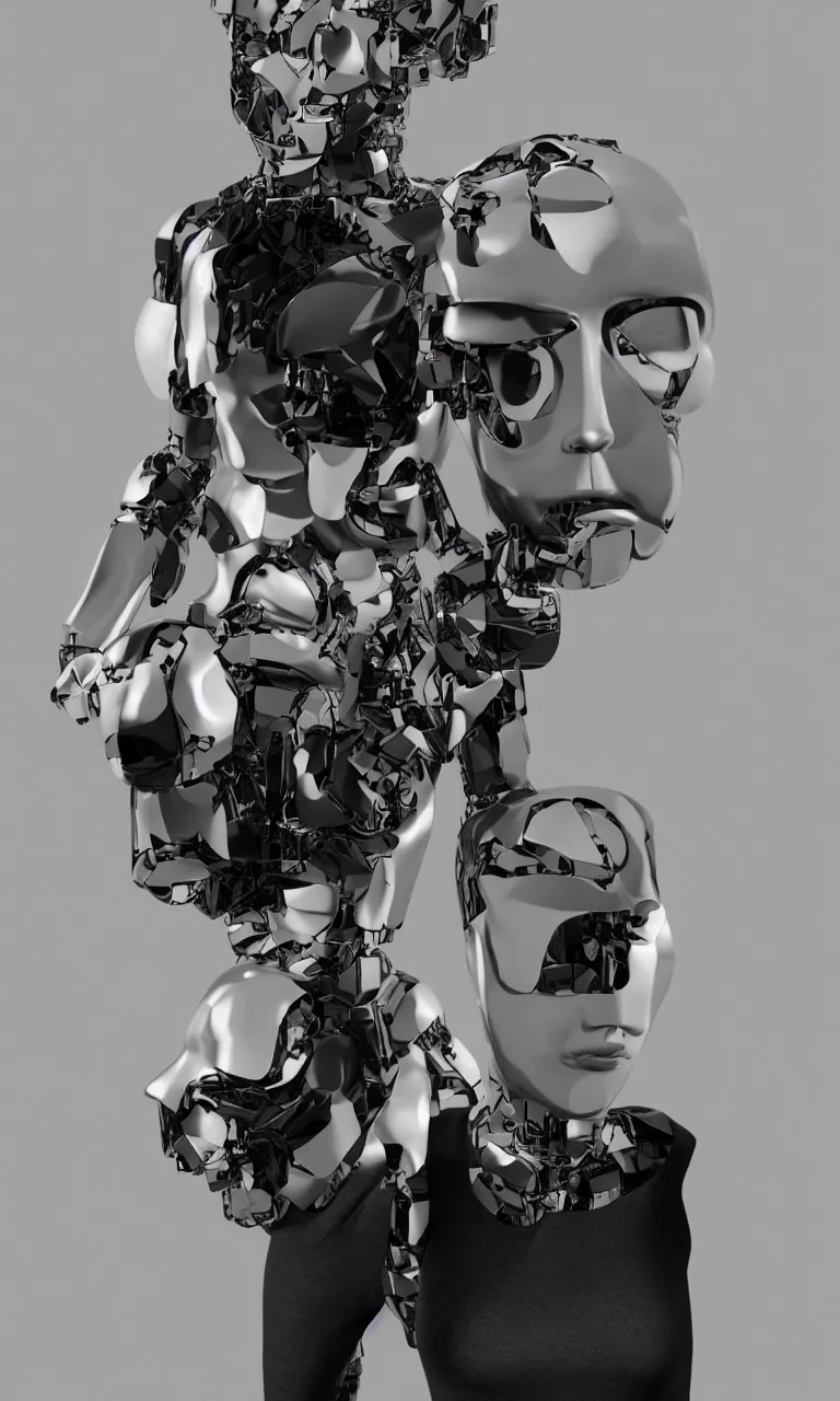 Image similar to full body photo of a woman with human face and robot body, robot body, steel body, human face, cyborg body