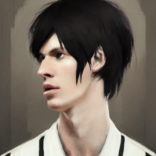 Image similar to Portrait of a man by Greg Rutkowski, he is about 18 years old, british, short black hair with bangs, young, pale, tall and slim, tired look, he's wearing a black striped jumpsuit, highly detailed portrait, scifi, digital painting, artstation, concept art, smooth, sharp foccus ilustration, Artstation HQ