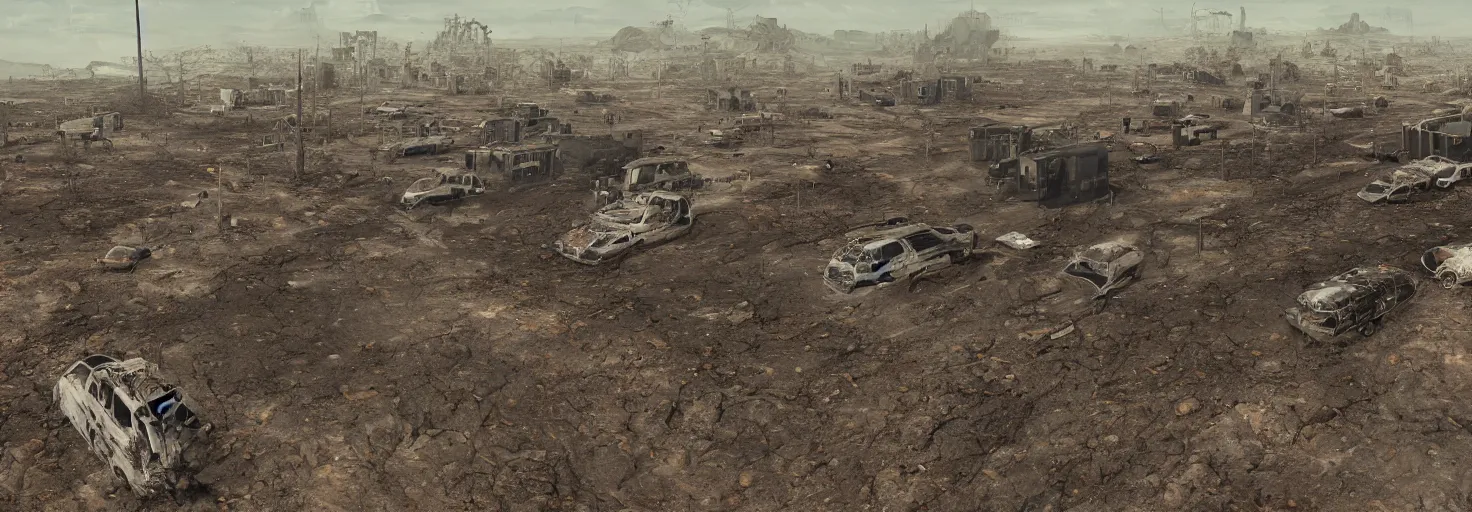 Image similar to wastelands by a sunny day, year 2 3 5 9, after a nuclear outcome, detailed ground, smooth and high resolution, unique bus wreck, impacts, clear atmosphere