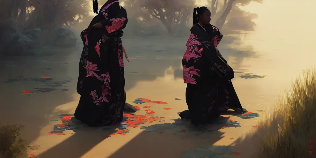 Image similar to sevhat, extremely detailed digital painting of a black woman wearing a kimono, in the style of fenghua zhong and ruan jia and jeremy lipking and peter mohrbacher, mystical colors, rim light, beautiful lighting, 8 k, stunning scene, raytracing, octane, trending on artstation