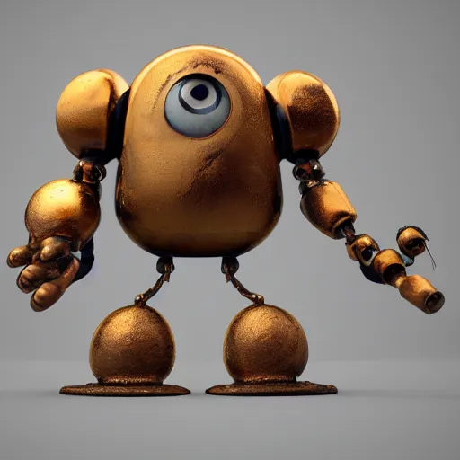 Image similar to a small chubby bot, smooth panelling, one large gold eye intricate detail, style of pokemon, with damaged rusty arms, broken antenna, recycled, floating, white studio, oil, mechanical, toy, ambient light, in the style of pokedstudios, belnder, octane render, 8 k,