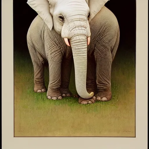 Image similar to an albino baby elephant portrait by Norman Rockwell, ultra realistic picture, looking at the camera, highly detailed, 8k, masterpiece, trending on cgsociety