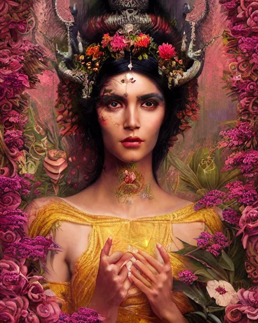 Image similar to portrait of the indian queen of the underworld, surrounded by flowers by karol bak, james jean, tom bagshaw, rococo, sharp focus, trending on artstation, cinematic lighting, hyper realism, octane render, 8 k, hyper detailed.