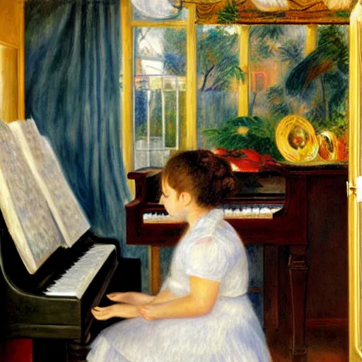 Prompt: girl with curly blonde hair sits at a piano in a music room, white pitbull lays on the floor, painting by renoir