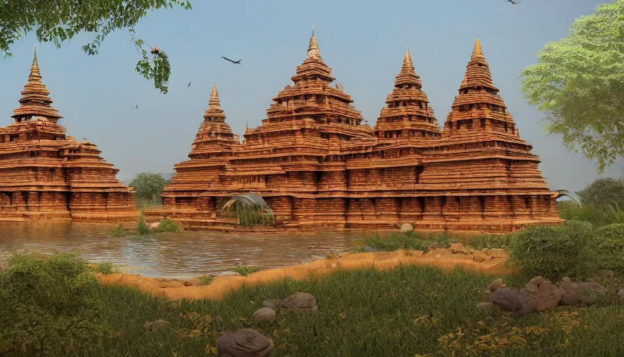 Image similar to matte painting of a beautiful mon - dvaravati village buddhist temple sema, inspired by indian arts - amaravati, gupta, after gupta, and pala, digital art, trending on artstation