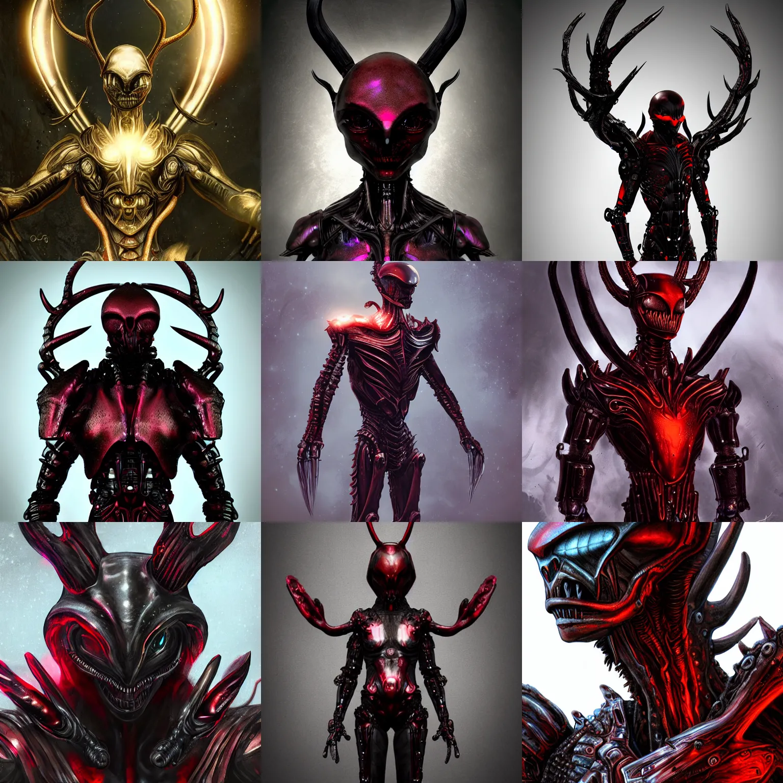 Prompt: alien warrior with a body of red thick iridescent metal scales, humanoid, dark and ominous, cybernetic, powerful, 3 d character concept artwork, sword antlers, realistic, gothic, evil, gritty, matte, fire, detailed, rich iridescent colors, cgi, hd