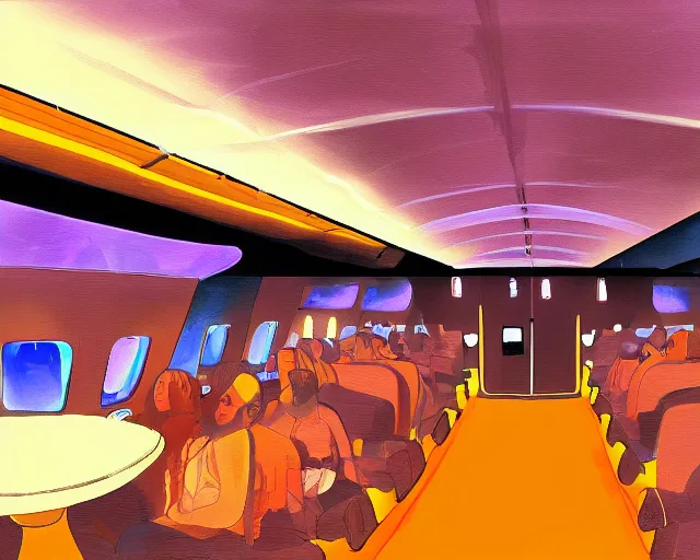 Prompt: Nightclub inside a widebody plane, concept art, digital painting