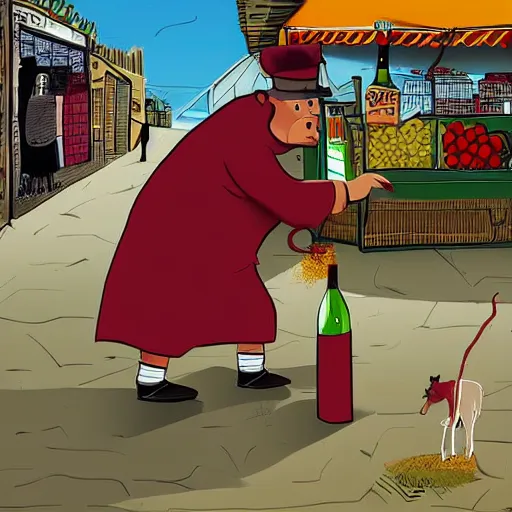 Image similar to a cow steals wine from a market stall. one of the bottles breaks spilling its contents on the street. a guard is going after the cow, digital art