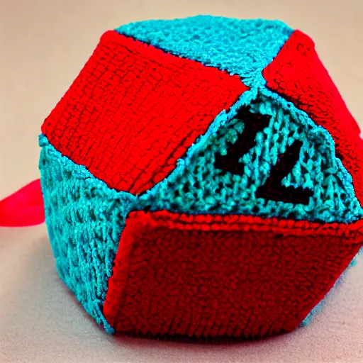 Prompt: knitted plush of a 2 0 - sided dice