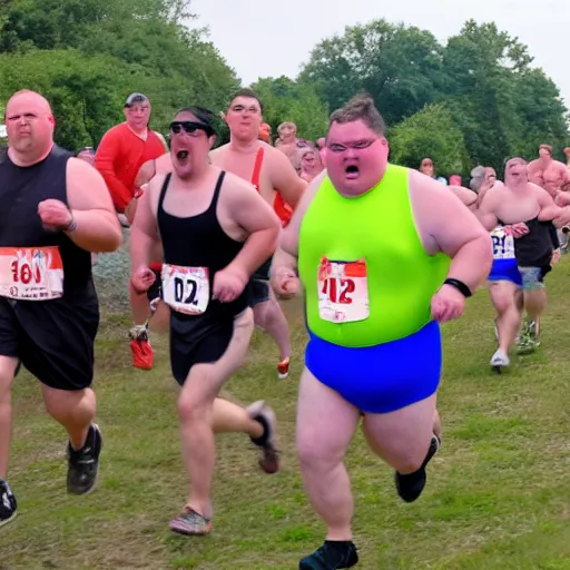 Prompt: an action photo of the annual mini fat man race. many little fat men in swimsuits are having an extreme running race. they are hot, red and sweating profusely.