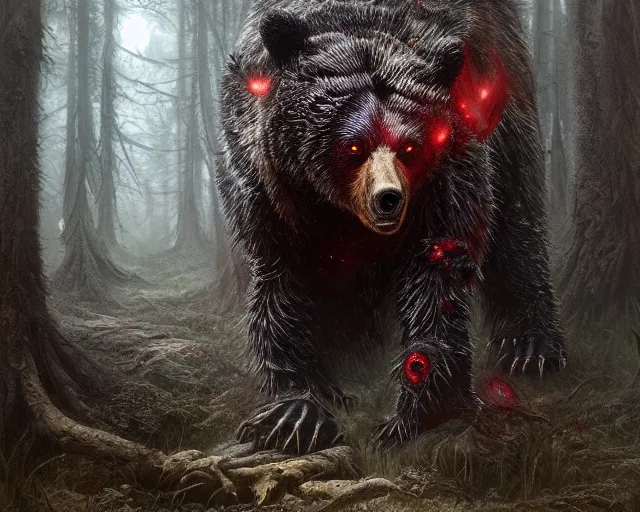 Prompt: 5 5 mm portrait photo of an armored demonic undead rotting bear with red eyes looking at the camera, in a magical forest. magical atmosphere. art by greg rutkowski and luis royo. highly detailed 8 k. intricate. lifelike. soft light. nikon d 8 5 0.