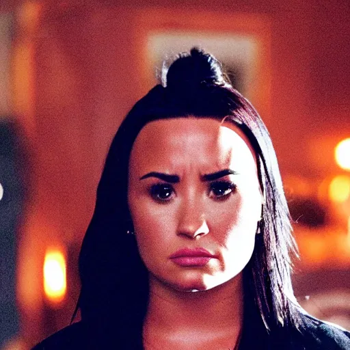 Prompt: close-up of Demi Lovato as Piper Halliwell in a Charmed movie directed by Christopher Nolan, movie still frame, promotional image, imax 35 mm footage