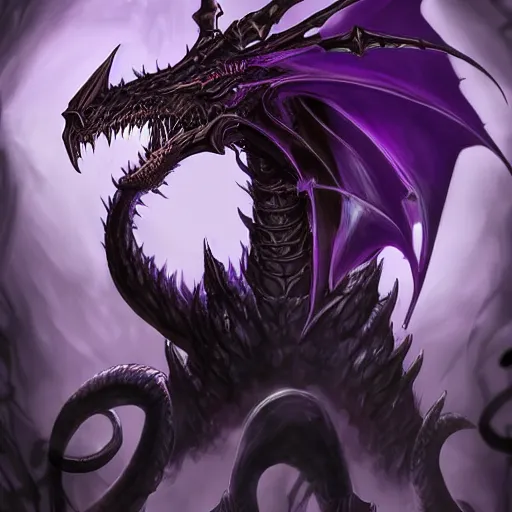 Image similar to violet reaper dragon hybrid, dark background with skulls, fantasy game art, fantasy rpg, league of legends