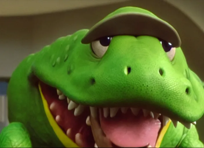 Image similar to film still of yoshi in the new sci - fi movie, cute upright dinosaur with a small turtle shell and long tongue, 8 k