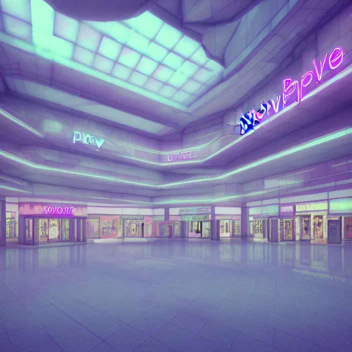 Image similar to vaporwave 8 0 s dreamy empty empty shopping mall, highly detailed, 3 d render, vray, octane, realistic lighting, photorealistic