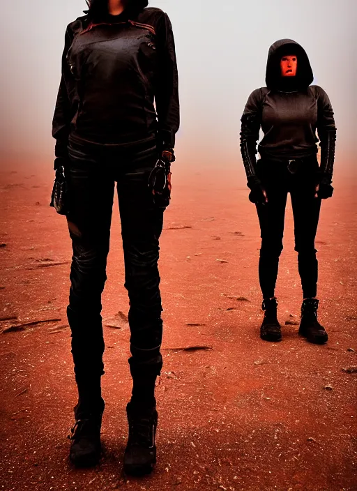 Image similar to cinestill 5 0 d photographic portrait of two loving female androids wearing rugged black techwear on a desolate plain with a red sky, extreme closeup, lizard on ground, cyberpunk style, in front of a brutalist dark metal facility, dust storm, 8 k, hd, high resolution, 3 5 mm, f / 3 2, ultra realistic faces