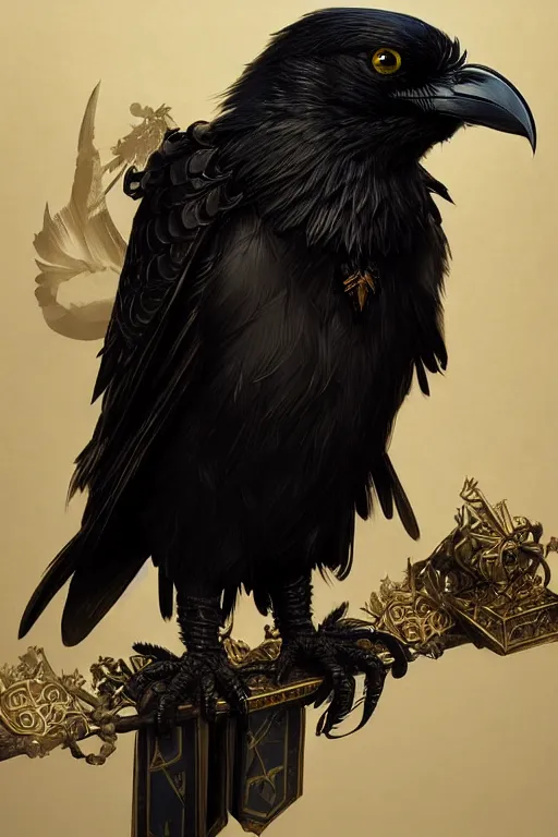 Image similar to highly detailed black raven bird, deep focus, d & d, fantasy, intricate, elegant, highly detailed, digital painting, artstation, concept art, matte, sharp focus, illustration, hearthstone, art by artgerm and greg rutkowski and alphonse mucha