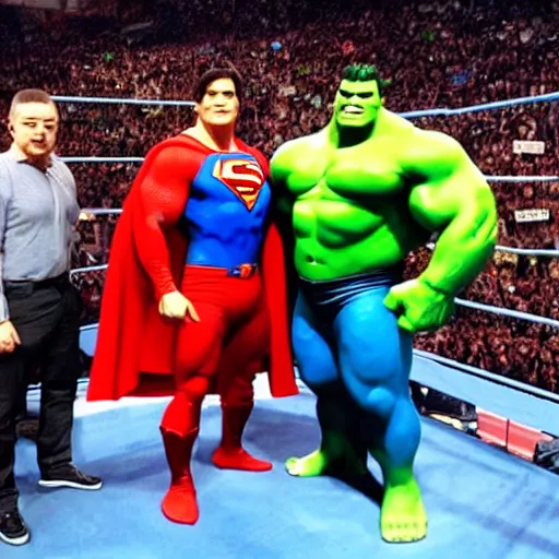 Prompt: supermen and hulk at WWE