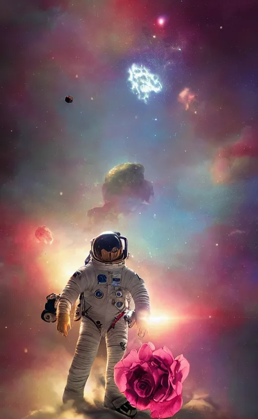 Image similar to astronaut in space with a rose flower crown, sharp focus, intricate, elegant, digital painting, artstation, matte, highly detailed, concept art, illustration, volumetric lighting, bokeh light, art by greg olsen and liz lemon swindle