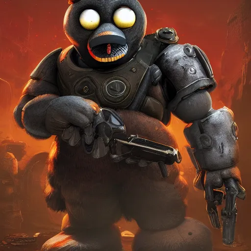 Prompt: anthropomorphic Penguin (Five Nights at Freddy's) in Gears of War cover art, ultra wide lens shot , tiny, small, short, cute and adorable, pretty, beautiful, DnD character art portrait, matte fantasy painting, eerie, DeviantArt Artstation, by Jason Felix by Steve Argyle by Tyler Jacobson by Peter Mohrbacher, cinematic lighting